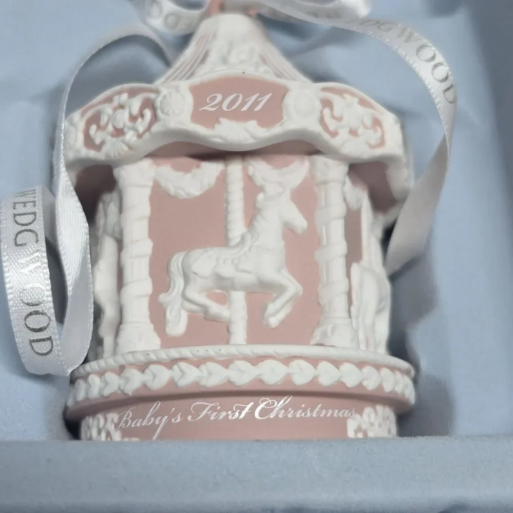 Wedgwood Baby's First Christmas Carousel 2011 Pink Ornament In Box